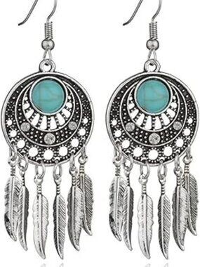 NEW Turquoise Dream Catcher Feather Earrings Bohemian Western Boho Trendy